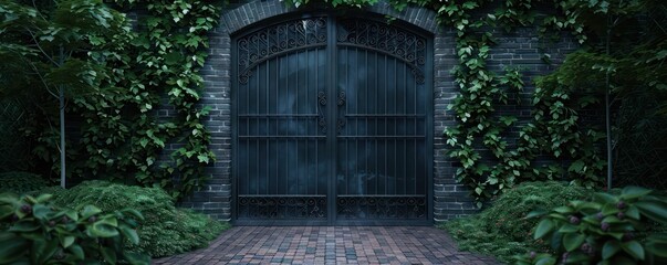 A gate with a black iron gate and a green vine growing on it