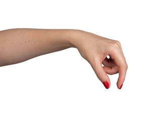 Wall Mural - A hand using two fingers thumb and index finger to show or measure a small, invisible object. The gesture is performed by a woman with well-manicured red nails against a white., transparent PNG