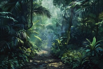 Wall Mural - Discover the enchanting and serene tropical forest path with lush greenery. Sunlight rays