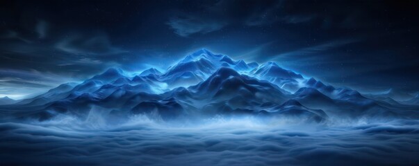 Wall Mural - A mountain range is shown in the sky with a blue hue. The mountains are covered in a misty fog, giving the scene a serene and peaceful atmosphere. The blue color of the mountains