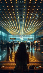 Wall Mural - A woman waits in a brightly lit terminal. AI.