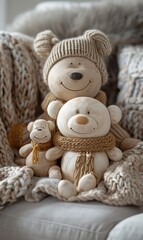 Poster - Three wooden toy bears sitting on a blanket. AI.