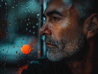 Poster - A man looks out a window with rain drops on it. AI.