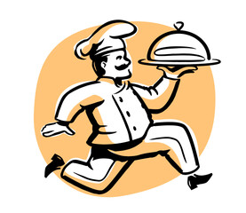 Wall Mural - Running chef with dish logo. Emblem for restaurant or cafe menu design. Cooking vector illustration