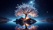 © Ulises - tree in water, A close up of a Almendra tree ( Prunus amygdalus ) on a nite lagun reflexion background,  Created with generative A.I.