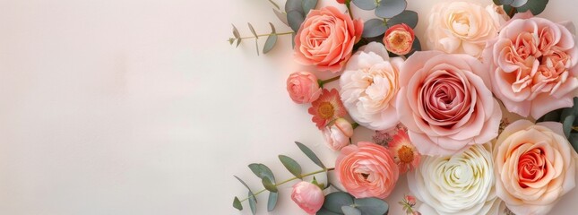 Poster - Pink and White Roses With Eucalyptus on White Background