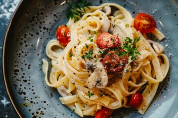 Canvas Print - Delicious fettuccine pasta served with fresh cherry tomatoes, herbs, and grated parmesan cheese