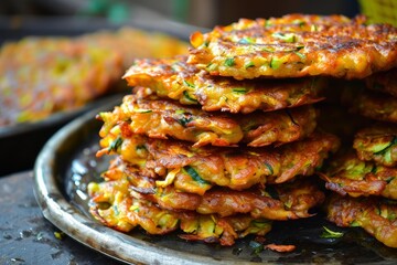 Sticker - Stack of freshly cooked vegetable pancakes on a rustic metal plate