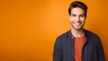 Wall Mural - Headshot of satisfied cheerful young man looking at camera on orange background with copy space