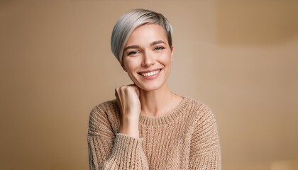 Wall Mural - Headshot of satisfied cheerful woman with short hairstyle feeling relaxed