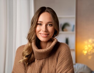 Wall Mural - Headshot of satisfied cheerful young woman in cozy warm sweater