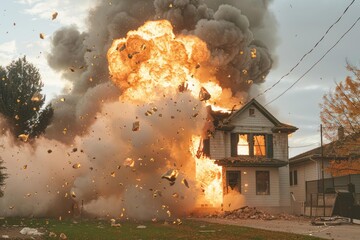 dramatic image capturing the intense moment of a house exploding in a controlled demolition
