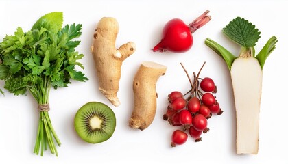 horseradish rose hip kiwi and parsley isolated on white background healing food collection immunity 