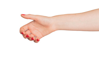 Wall Mural - Hand grasping empty space. Arm gesture showing product, object. Beautiful red manicure, fingernails, varnish. Woman's delicate hand in closeup, presenting, reaching, catching.., transparent PNG