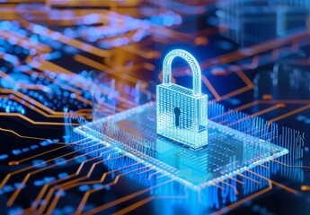 Poster - digital padlock on board with blue digital background for security and data protection concept