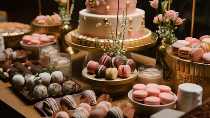 Canvas Print - A table topped with a cake and other desserts in gold bowls, AI