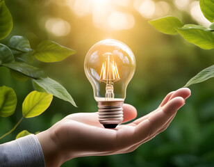 Aufkleber - Firefly Light Bulb in Nature- A conceptual image of a hand holding a light bulb against a green leaf (1)