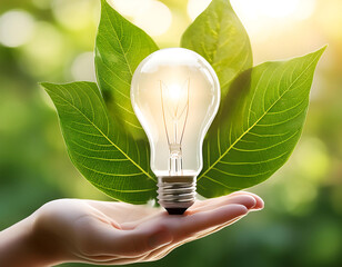 Aufkleber - Firefly Light Bulb in Nature- A conceptual image of a hand holding a light bulb against a green leaf (2)
