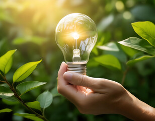 Aufkleber - Firefly Light Bulb in Nature- A conceptual image of a hand holding a light bulb against a green leaf (3)