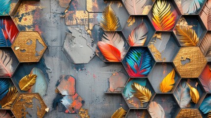 Wall Mural - Extended view of an artistic composition featuring hexagons with colorful feathers, 