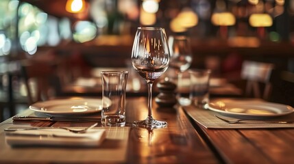 A photo of an elegant restaurant table setting with wine glasses and silverware, capturing the ambiance of luxury dining in a close-up shot.