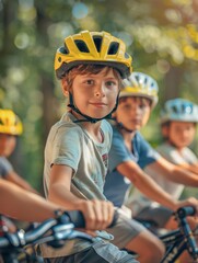 Wall Mural - children riding bikes in the woods