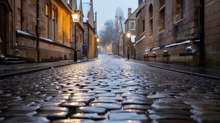 A quaint, cobblestone street covered in the first snow of winter