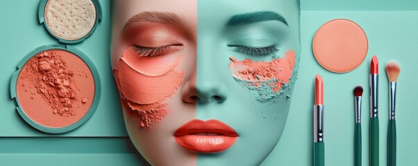 Wall Mural - Creative beauty and makeup concept with peach and coral color palette moodboard