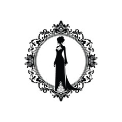 woman wear traditional fashion Vietnamese ao dai in silk inside victorian flourish decoration, flat logo, less detail, high contrast, cutout, vector, bw, isolated white, -