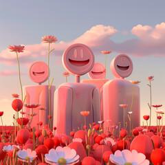 Poster - Illustration of happy figures in a pastel field, minimal concept