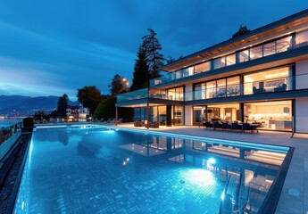 Wall Mural - Modern Home Swimming Pool At Dusk