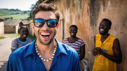 Wall Mural - A man with sunglasses and a necklace smiling while standing next to three people, AI