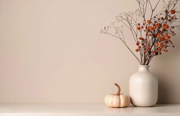 Poster - White Pumpkin and Dried Flowers in Vase