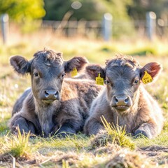 Two Galloway Cattle Calves Resting in a Summer Field. Generative AI