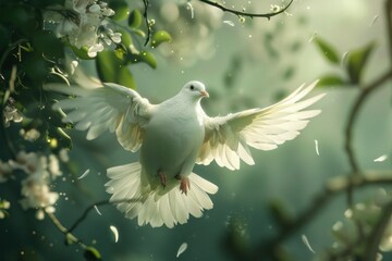 Sticker - Peaceful white dove spreads its wings midflight amidst spring flowers and soft light