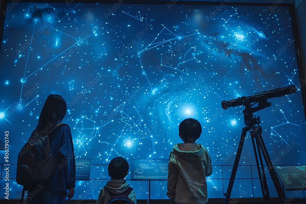 Children observing a digital star map through a telescope in a ...