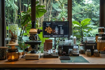 Poster - Botanical research lab with microscope, plants, and scientific equipment in a modern, nature-inspired workspace.