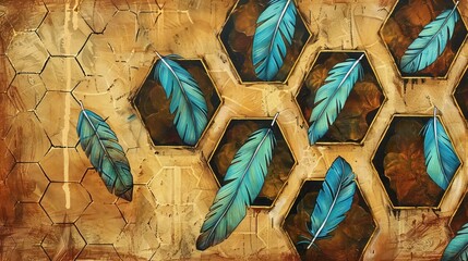 Wall Mural - Panoramic art piece with hexagons containing turquoise feathers against a burnt sienna textured background