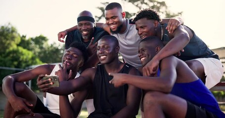 Wall Mural - Men, basketball court and selfie for sport, smile and support with peace sign, fitness and web blog. Black people, athlete group and photography for profile picture, memory and social media in park