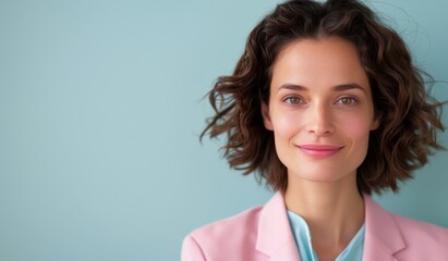 Poster - Woman Smiling in Pink Blazer Against a Blue Wall