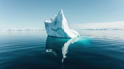 tip of an iceberg floating in the ocean. The iceberg is mostly hidden underwater, with only a small portion visible above the surface.