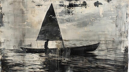 Canvas Print -   A monochrome depiction of an individual in a vessel on a water expanse surrounded by a sky