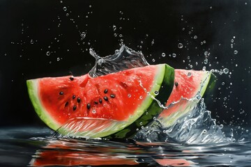 Canvas Print - Watermelon slice with splashes of water on a black background