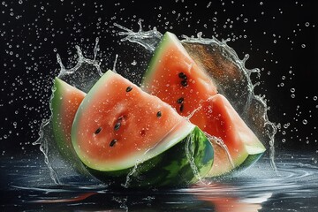 Sticker - Watermelon slice with splashes of water on a black background