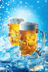 Poster - beer mugs on ice with bubbles