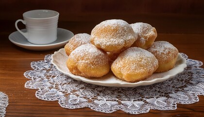 Wall Mural - Plate with sweet sugar fritters and a cup of hot chocolate