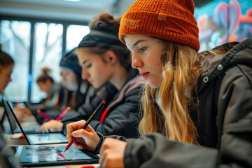 Poster - Focused students working on digital tablets in a classroom setting, engaging in interactive learning and collaboration.