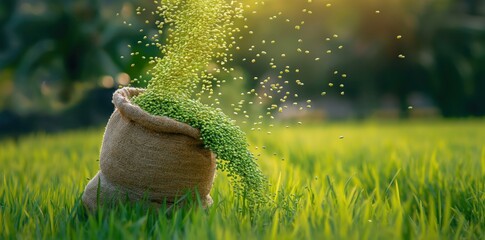 Poster - rice being sown in a field