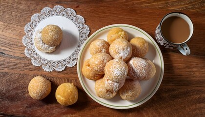 Wall Mural - Plate with sweet sugar fritters and a cup of hot chocolate