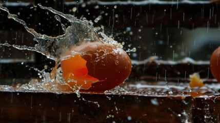 Sticker -   A detailed photo of an apple with droplets of water splashing onto its surface, while an orange rests in the background